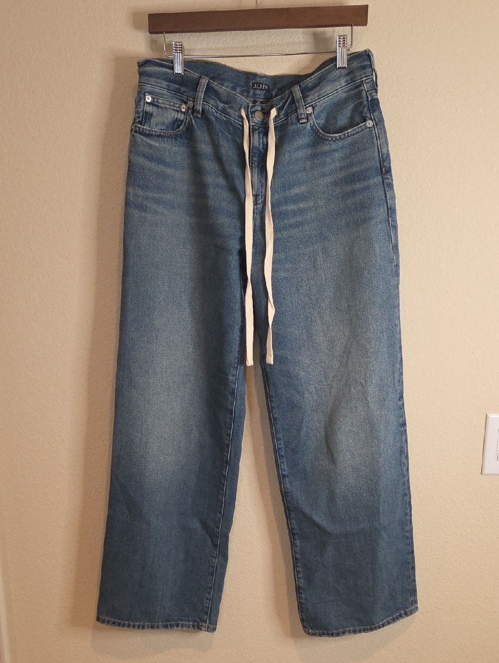 J. Crew Wide-Leg Jeans in Medium Blue with Cream Drawstring